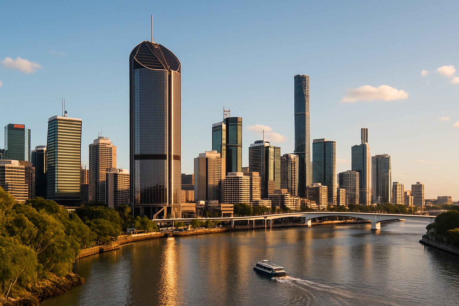 A cinematic view of Brisbane City with modern buildings and riverfront skyline, used to illustrate why video performs best on social media for Australian businesses.