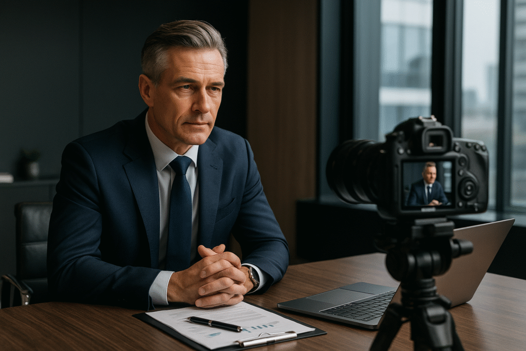 A business owner reviewing video marketing tips in a modern office setting, representing strategic content planning for established brands.