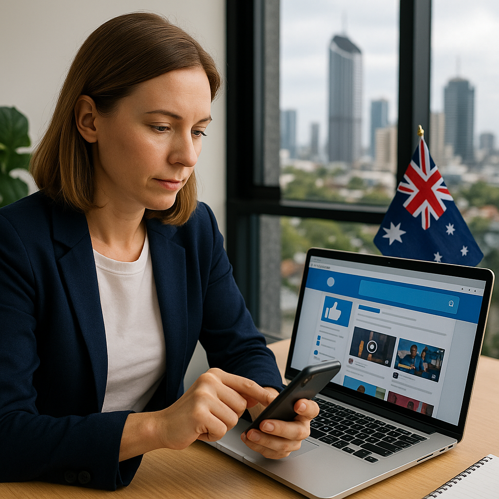 A Brisbane business owner sitting at her desk reviewing content on her phone and laptop, representing how Australian brands plan and manage their social media video strategy.