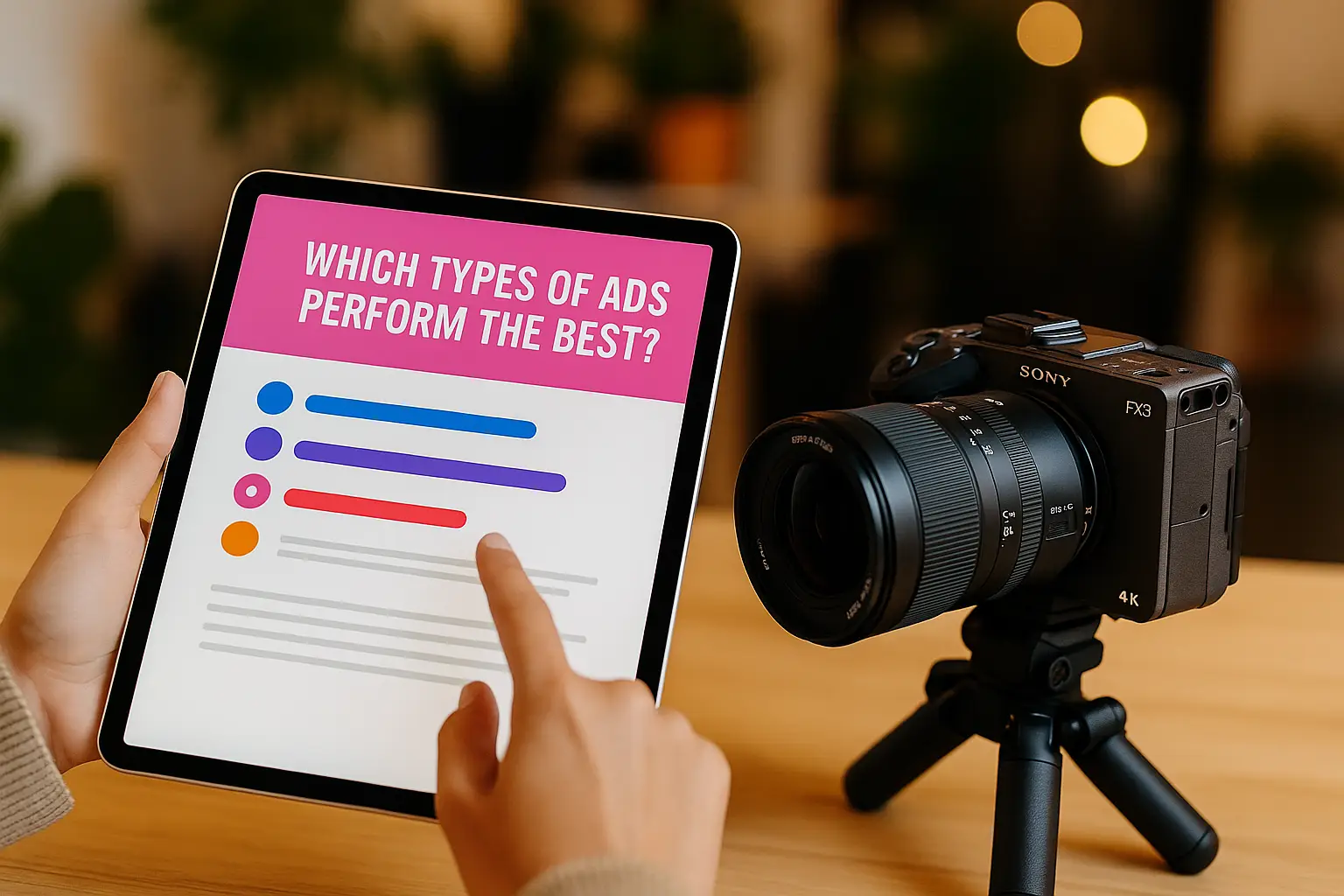 A professional videographer filming a social media ad using a Sony FX3 camera with a 24-70mm lens, capturing behind-the-scenes content for a marketing campaign.