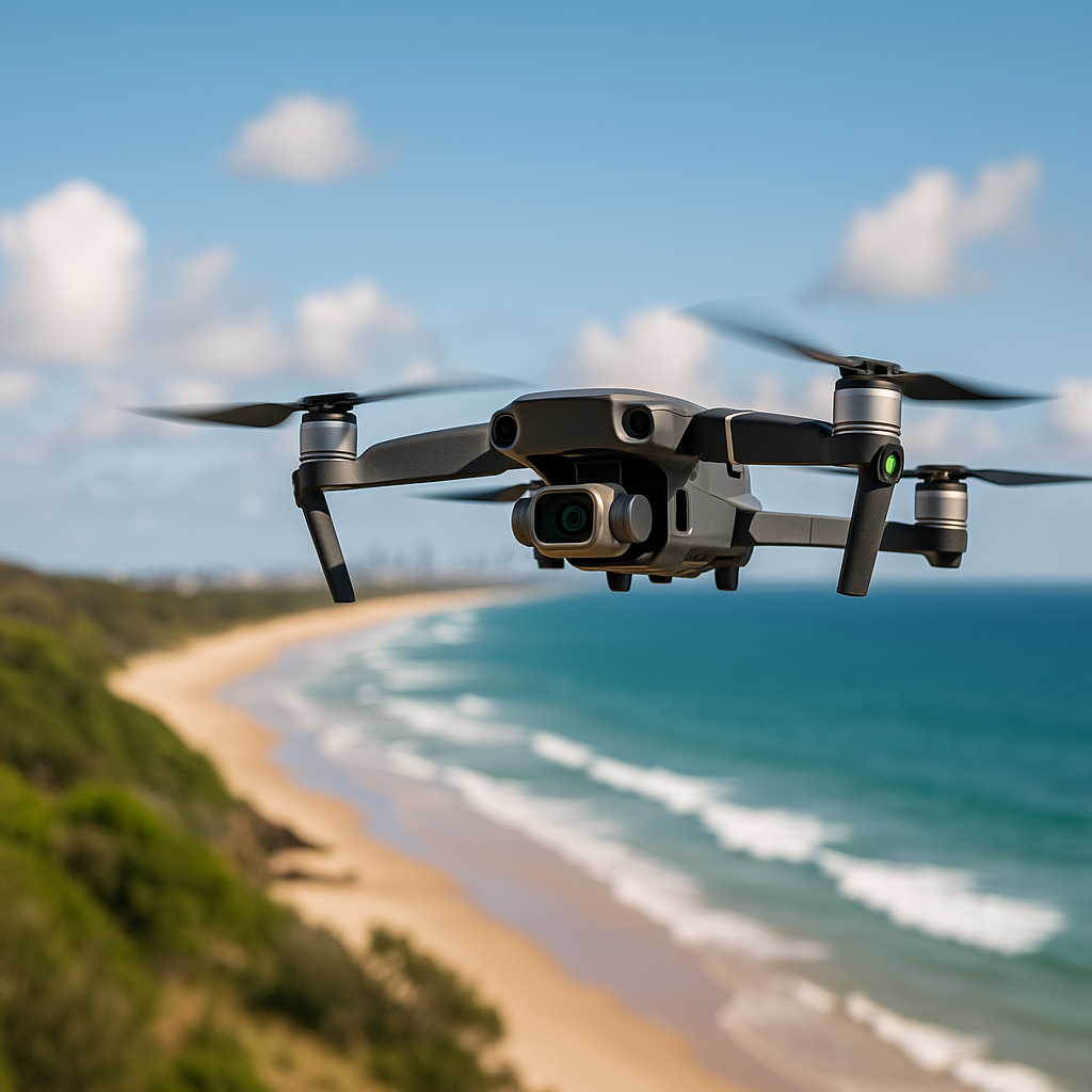 A professional drone flying over the Queensland coastline, capturing aerial videography of golden beaches, blue ocean, and greenery, perfect example of drone videography in Queensland.