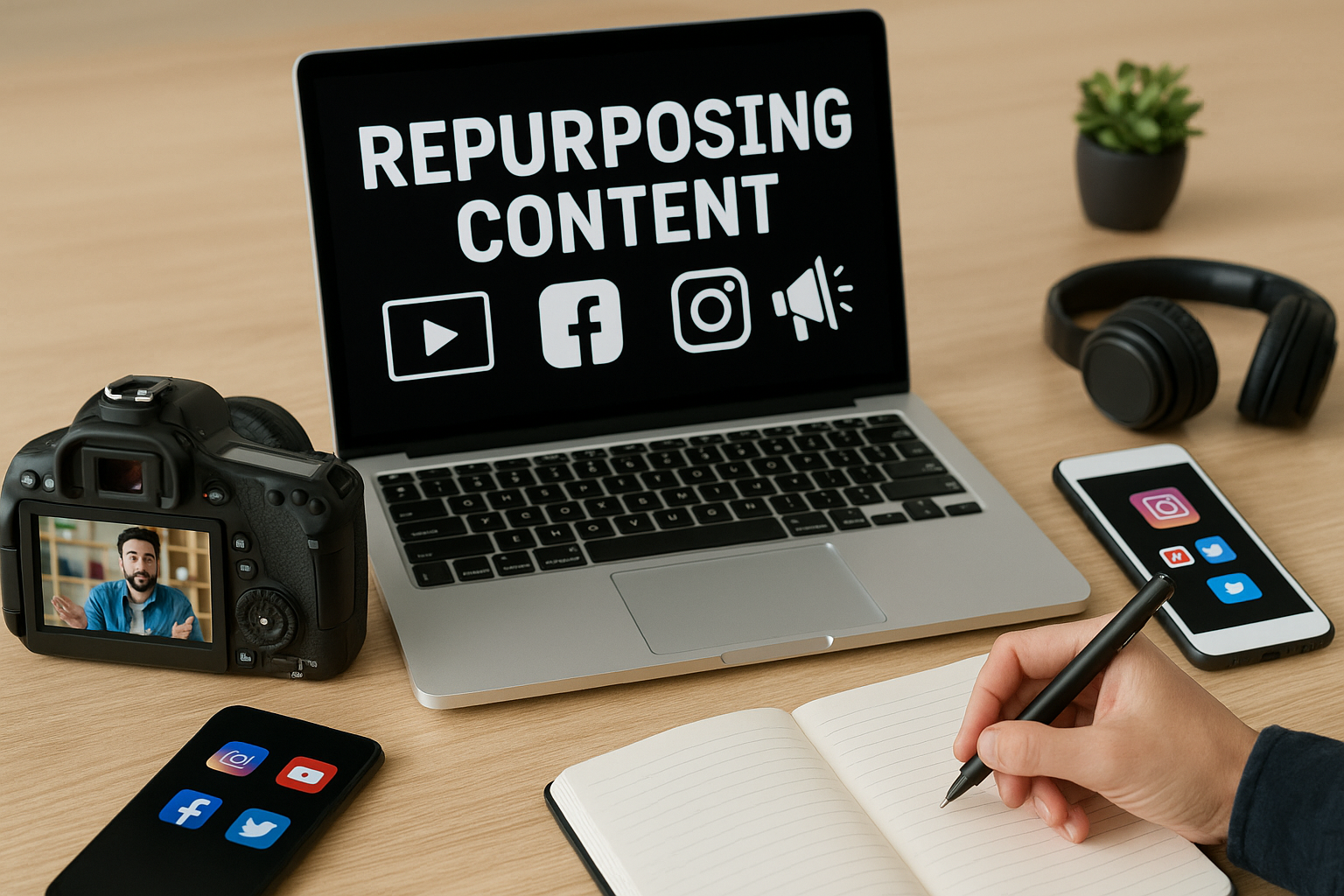 Workspace setup with camera, laptop, and phone showing social media apps, representing repurposing your video content for multiple platforms.
