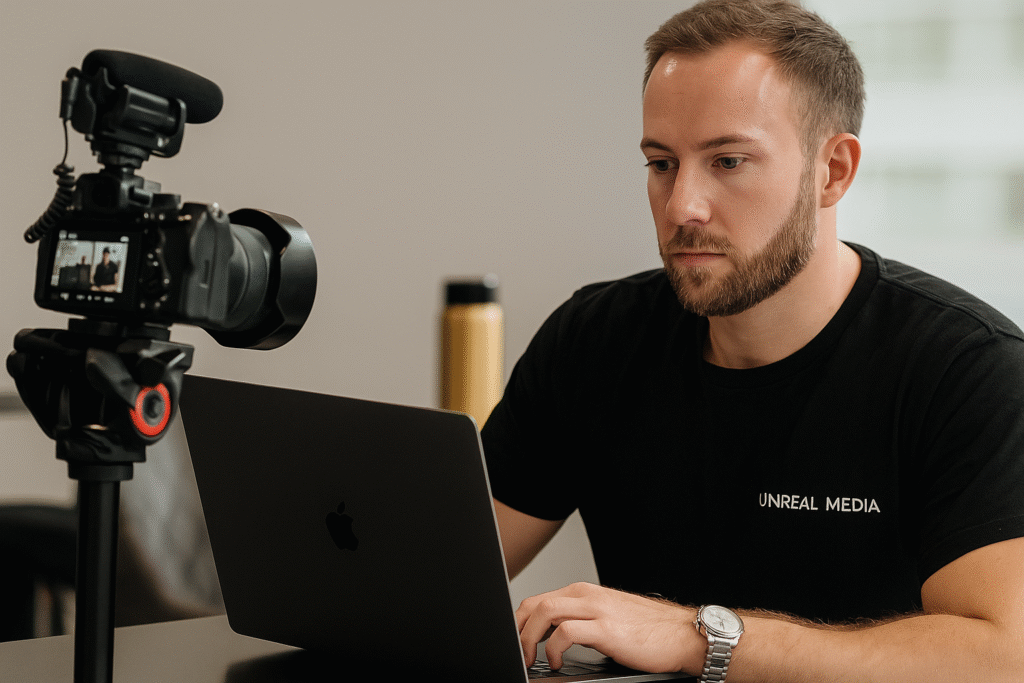 Videographer in a black Unreal Media shirt setting up a camera in a Brisbane studio