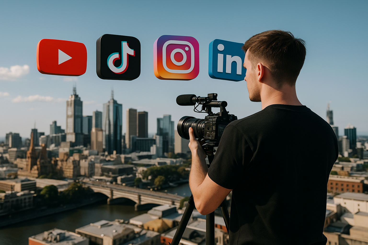 Hyper-realistic wide-angle shot of a videographer filming in Melbourne city with 3D YouTube, TikTok, Instagram, and LinkedIn logos floating above the skyline.