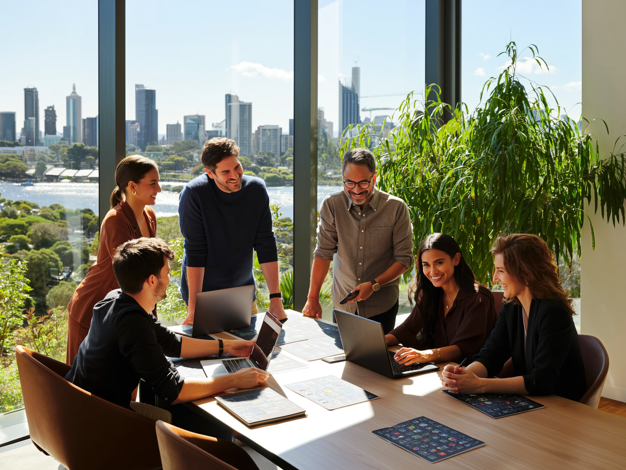 A group of Brisbane professionals collaborating in a modern office with the city skyline in the background, symbolising teamwork and connection, representing why Brisbane businesses are using brand story videos to build authentic engagement.