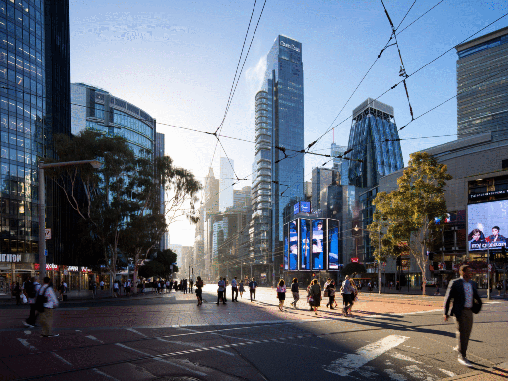 Busy city intersection in Australia with pedestrians crossing the street surrounded by tall modern buildings and digital billboard advertisements during sunset.