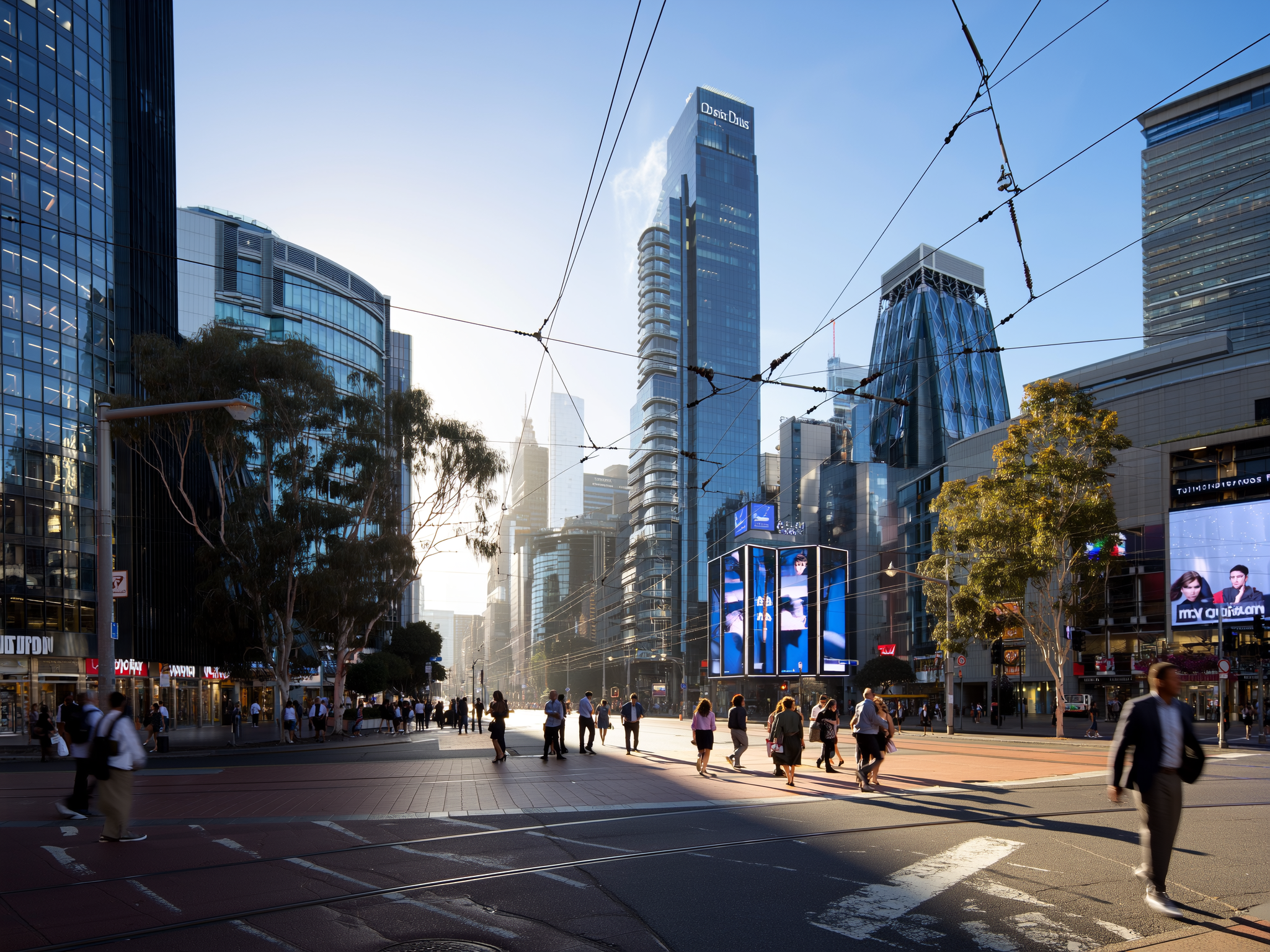 Busy city intersection in Australia with pedestrians crossing the street surrounded by tall modern buildings and digital billboard advertisements during sunset.