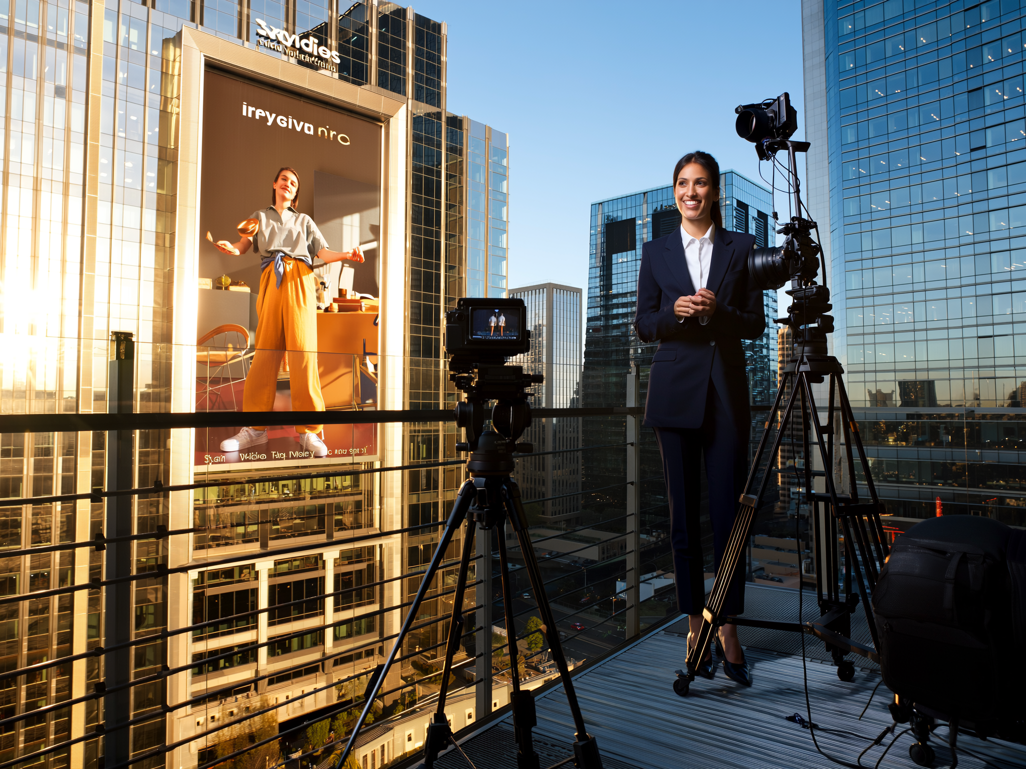 Female videographer filming a corporate video on a rooftop with cameras and tripods set up, featuring a large digital billboard in the background