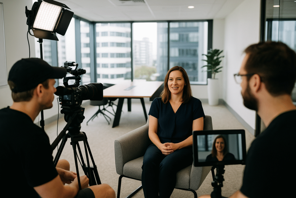 A professional video crew filming inside a modern corporate office, capturing high-quality footage used for different types of corporate videos such as company overviews, testimonials, and recruitment content.