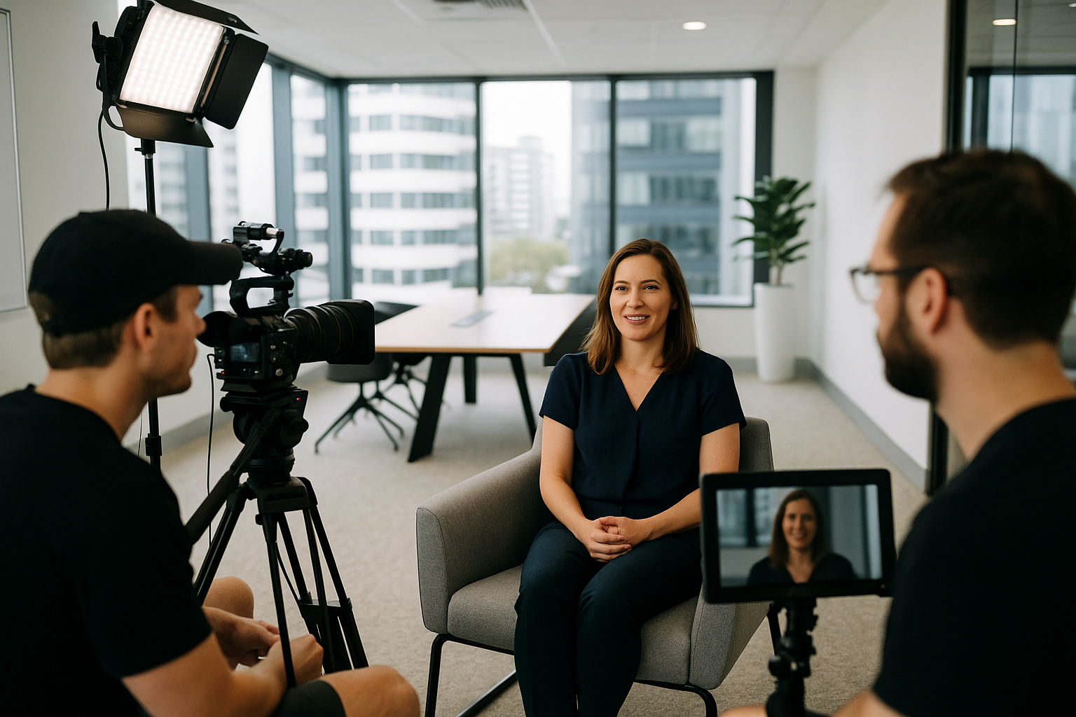 A professional video crew filming inside a modern corporate office, capturing high-quality footage used for different types of corporate videos such as company overviews, testimonials, and recruitment content.