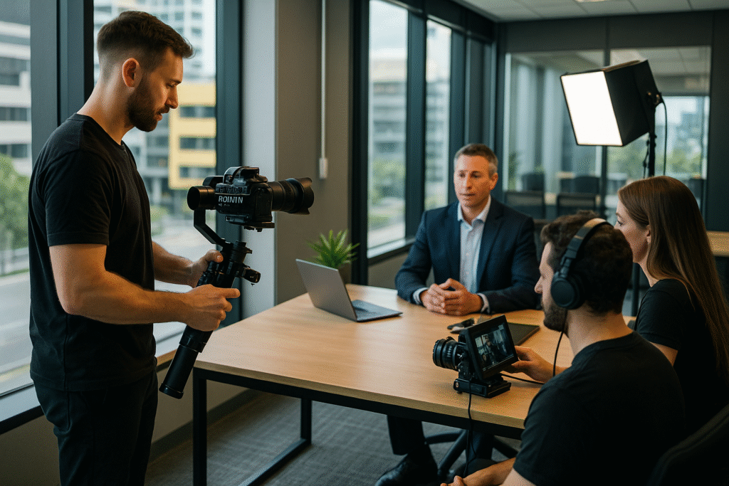 A video production team working inside a modern Brisbane corporate office, setting up professional cameras and lighting as part of a corporate video production process.