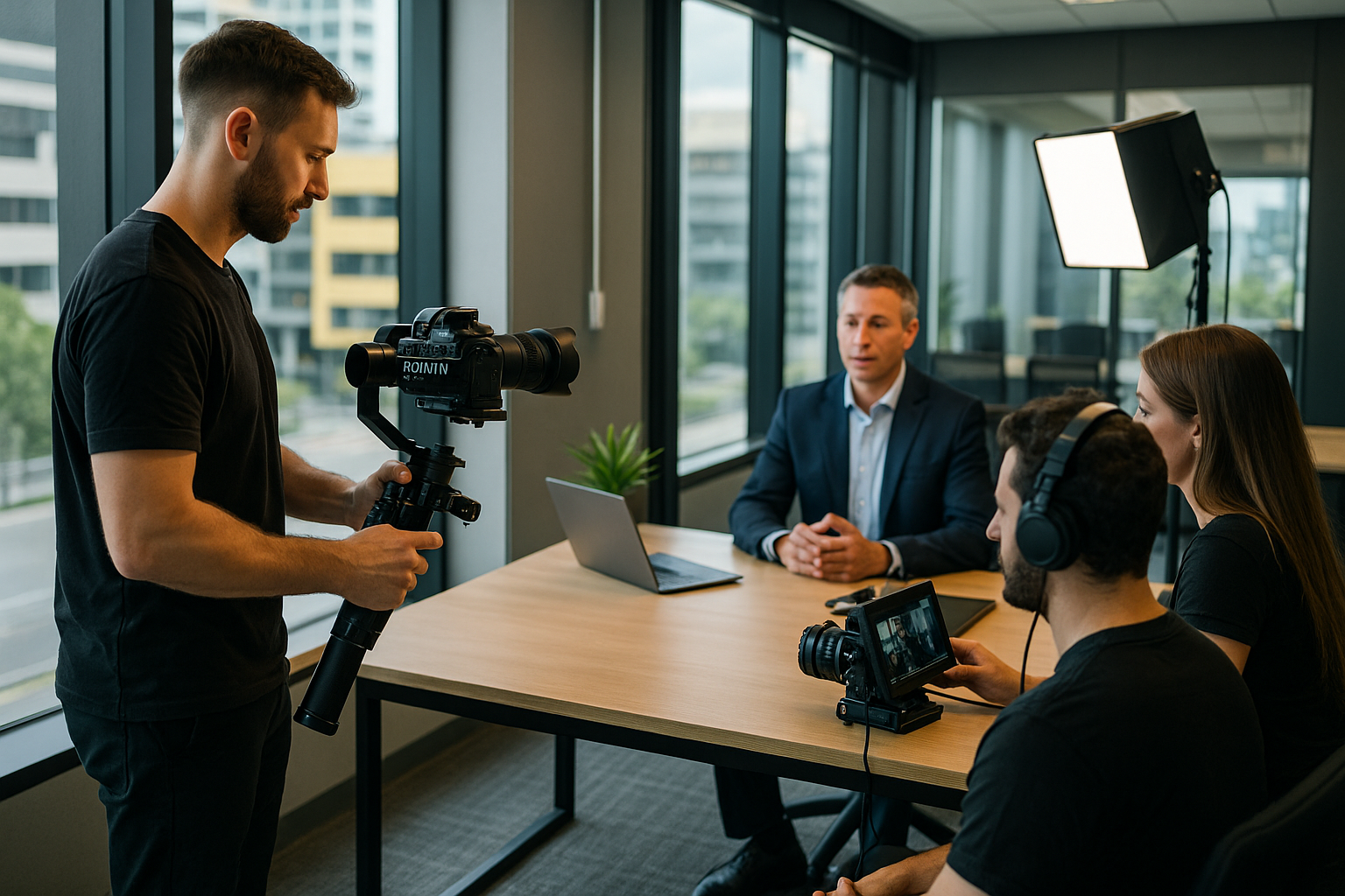 A video production team working inside a modern Brisbane corporate office, setting up professional cameras and lighting as part of a corporate video production process.