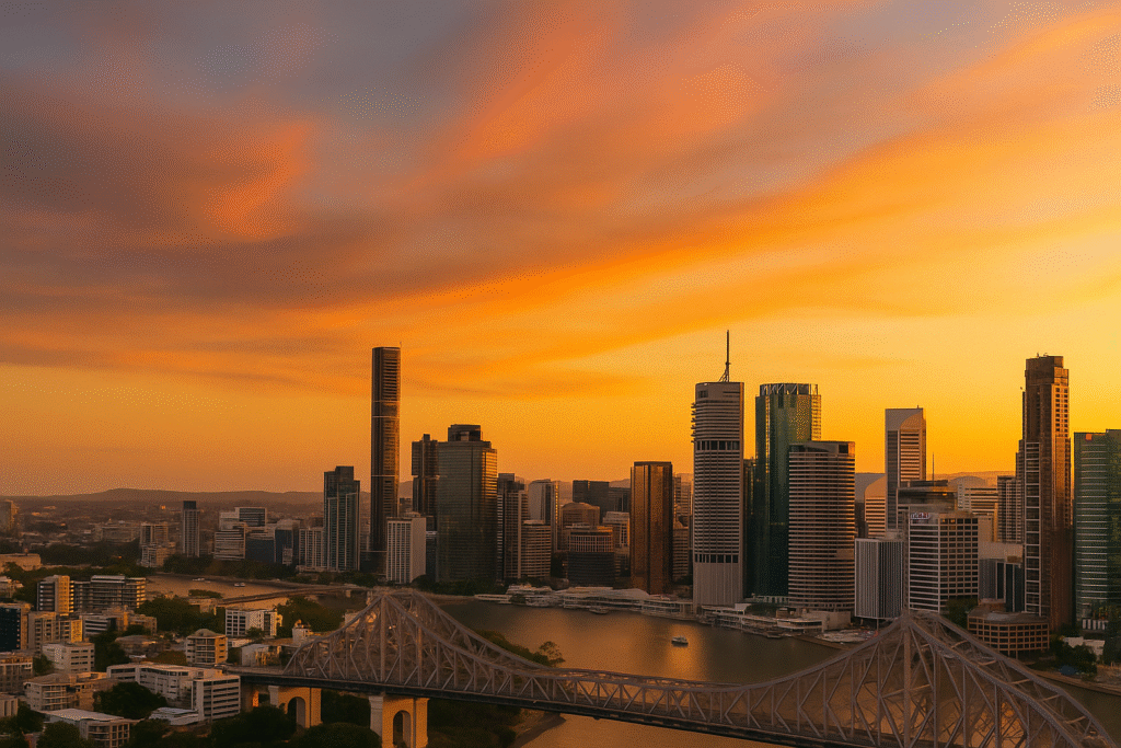 Brisbane skyline and Story Bridge at golden hour, representing the ideal setting for planning a clear and effective video production brief.
