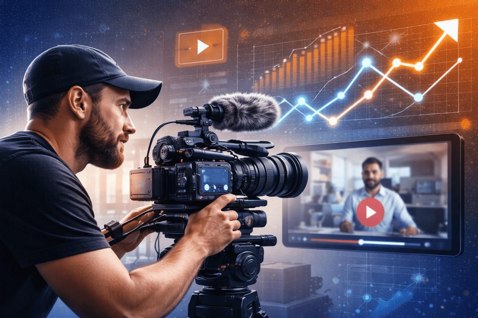 Cinematographer filming professional video content with digital growth charts illustrating how video and AI search are shaping business visibility.