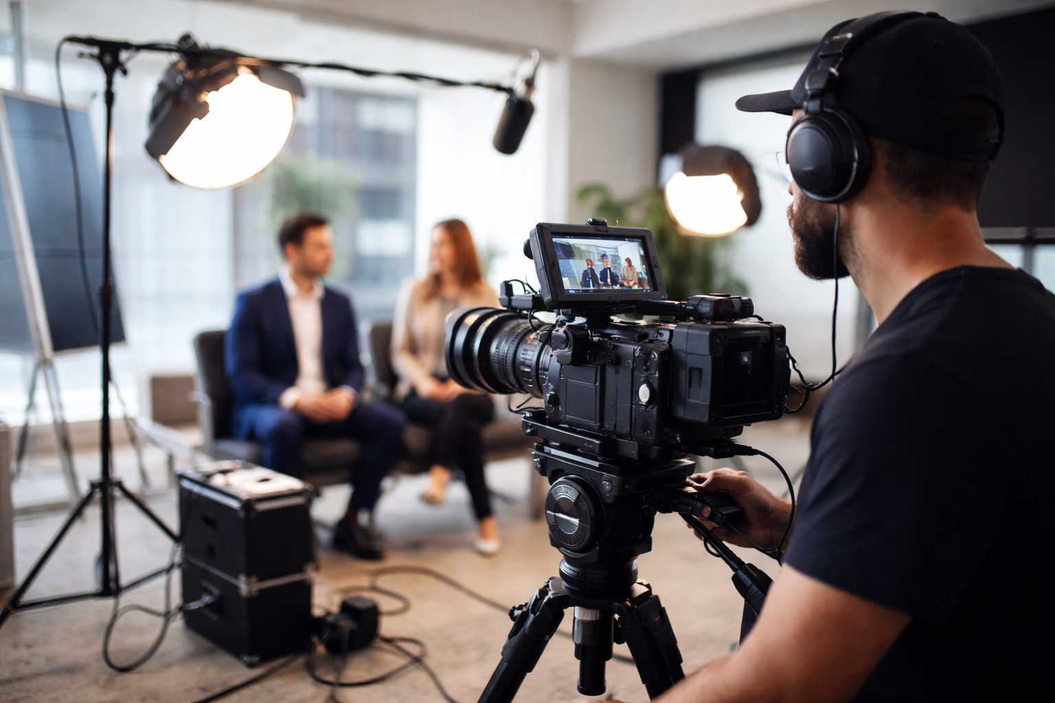 Brand film vs advertising video production setup with a professional cinematographer filming a business interview