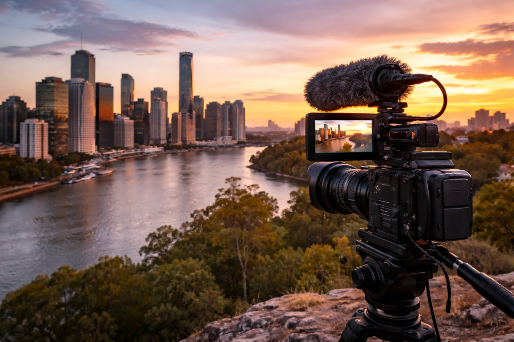 Video production camera filming the Brisbane skyline at sunset representing video content that builds trust
