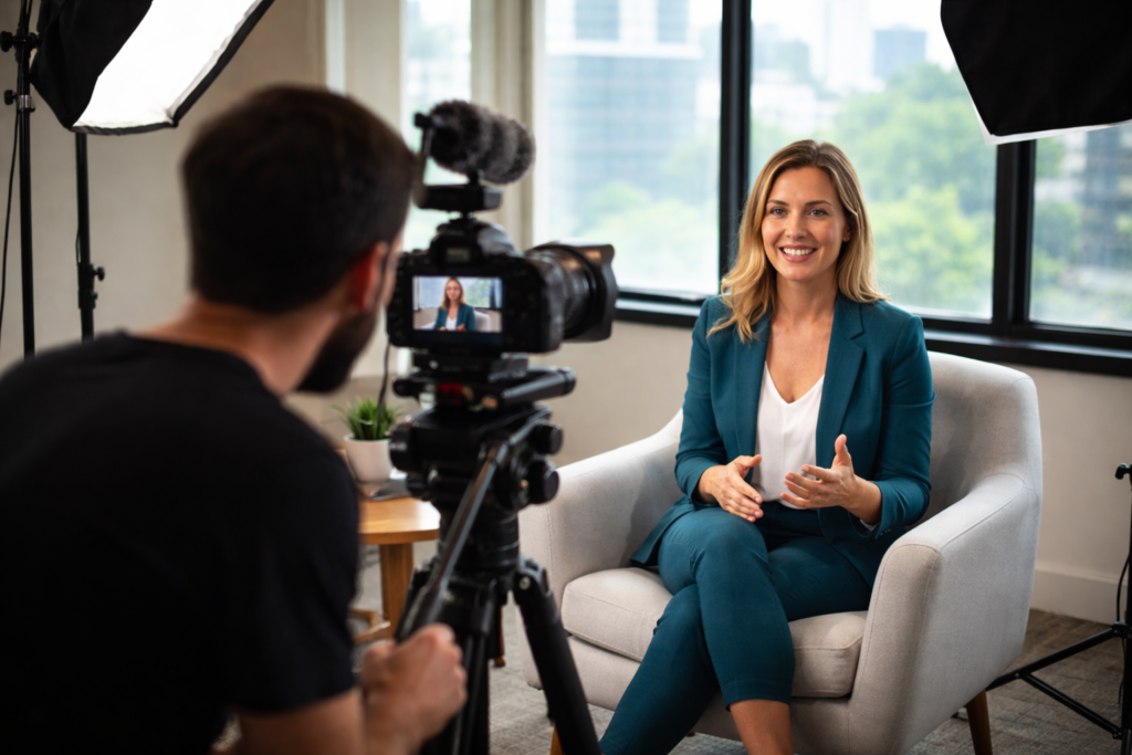 Corporate testimonial video filmed by a cinematographer in a professional office setting