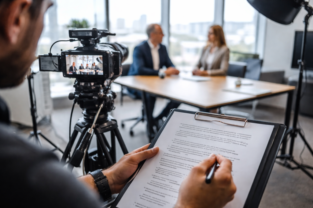 Cinematographer filming a corporate interview using a professionally planned corporate video script