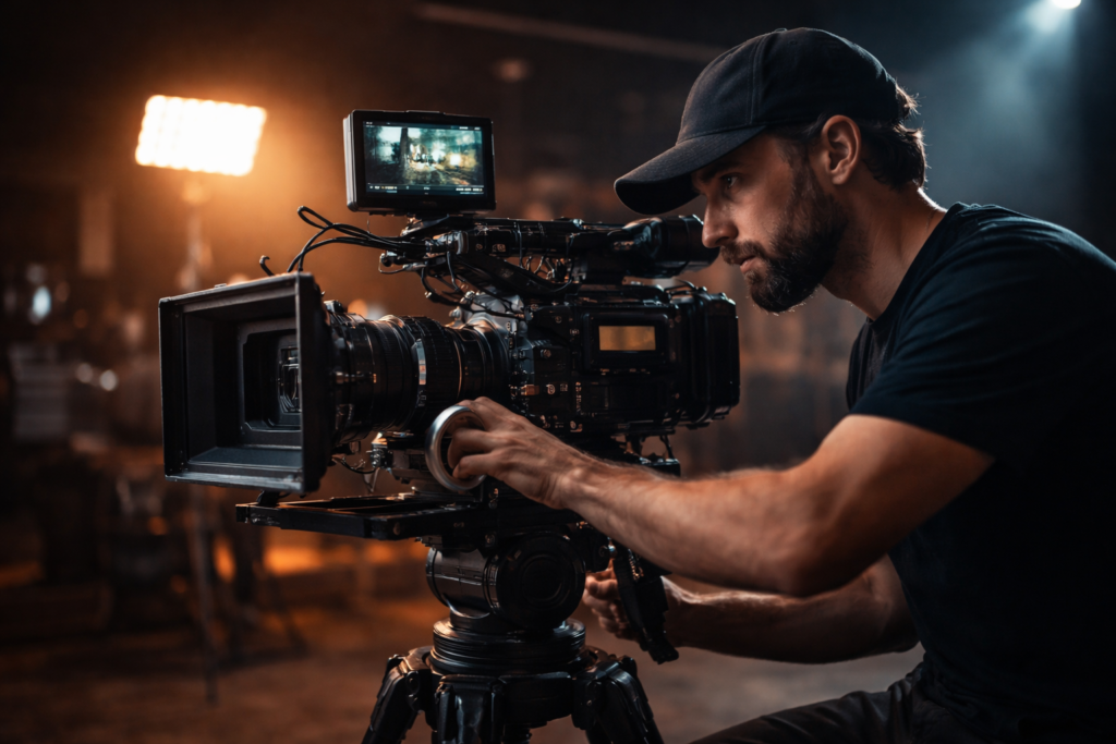 Behind-the-scenes of a cinematographer filming a premium corporate video production on location in Brisbane and the Gold Coast