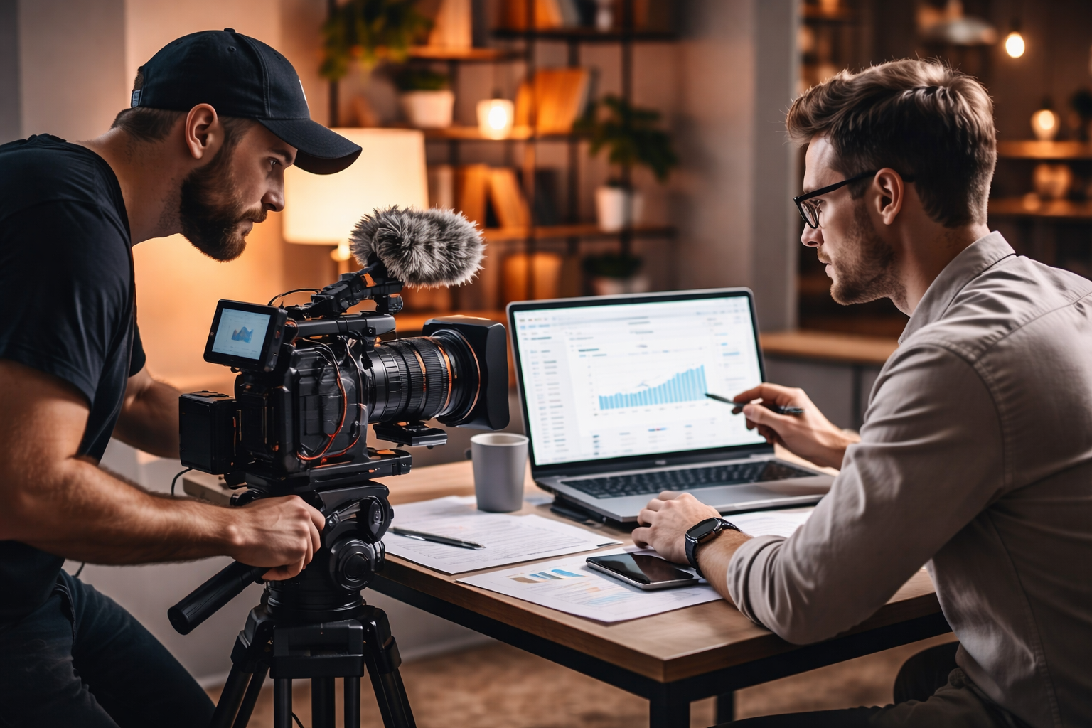 Cinematographer and SEO specialist planning a long-form video for business strategy to improve search performance and conversion
