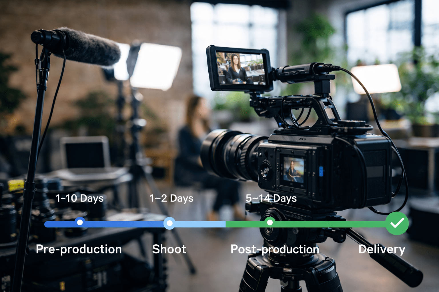 Video production timeline showing pre-production (1–10 days), shoot (1–2 days), post-production (5–14 days), and delivery — how long video production takes from start to finish